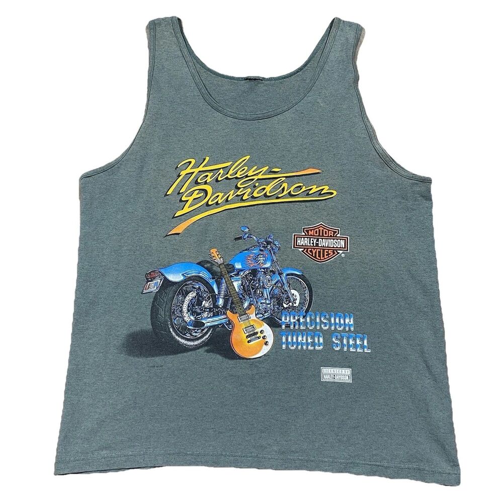 VTG Harley-Davidson Tank Top L Green Precision Tuned Steel Guitar Bike
